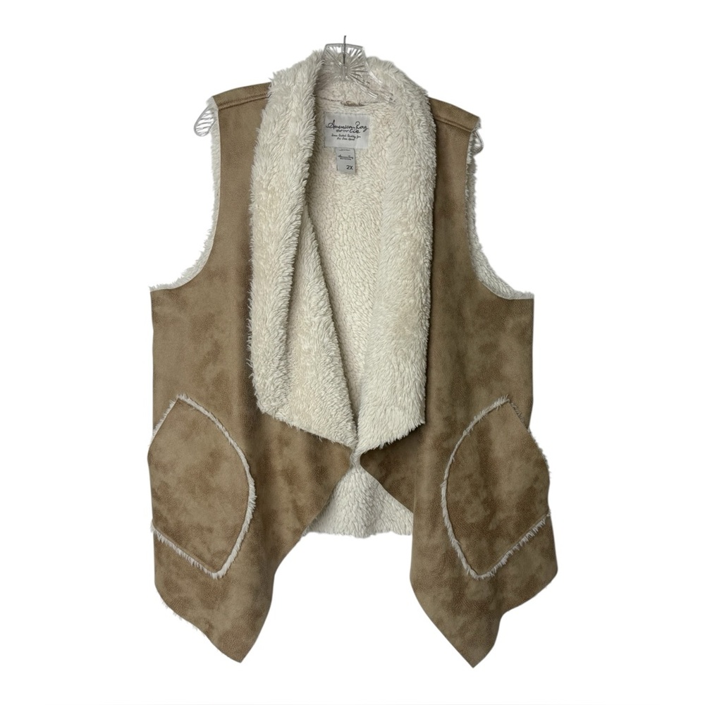 American Rag Cie Boho Rustic Faux Suede Fur Lined Vest Pockets Womens Plus 2X‎